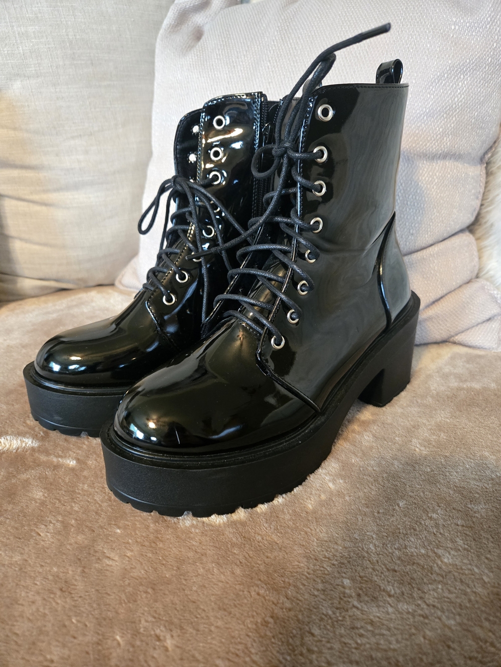 Patent Lace-Up Platform Combat Boots - Black